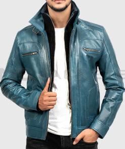 Hayden Men's Blue Biker Leather Jacket - Blue Biker Leather Jacket for Men - Front Open View