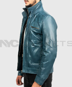 Hayden Men's Blue Biker Leather Jacket - Blue Biker Leather Jacket for Men - Side View2