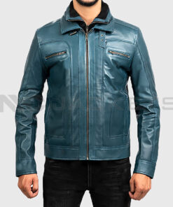 Hayden Men's Blue Biker Leather Jacket - Blue Biker Leather Jacket for Men - Front Close VieW