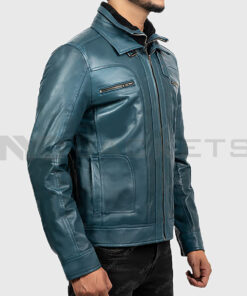 Hayden Men's Blue Biker Leather Jacket - Blue Biker Leather Jacket for Men - Side View
