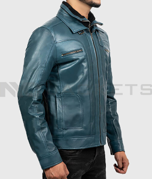 Hayden Men's Blue Biker Leather Jacket - Blue Biker Leather Jacket for Men - Side View