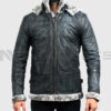 Jekkin Men's Grey Hooded B-3 Bomber Leather Jacket - Front View