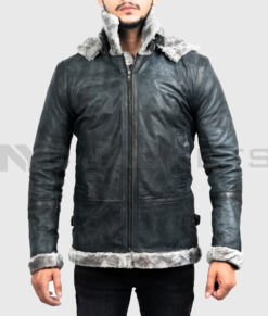 Men's Grey Hooded B-3 Bomber Leather Jacket | NYC Jackets