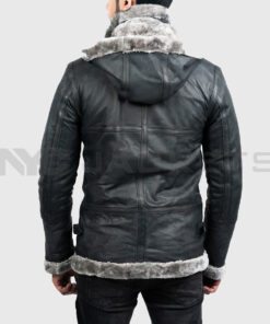Jekkin Men's Grey Hooded B-3 Bomber Leather Jacket - Back View