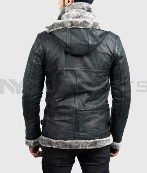 Jekkin Men's Grey Hooded B-3 Bomber Leather Jacket - Back View