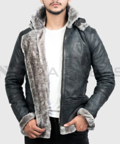 Jekkin Men's Grey Hooded B-3 Bomber Leather Jacket - Front Open View