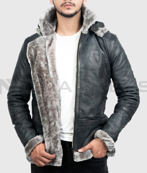 Jekkin Men's Grey Hooded B-3 Bomber Leather Jacket - Front Open View