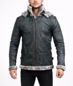 Men's Grey Hooded B-3 Bomber Leather Jacket-Front