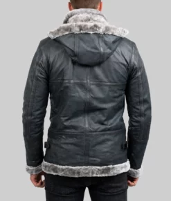 Men's Grey Hooded B-3 Bomber Leather Jacket-Back