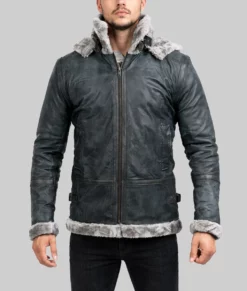 Men's Grey Hooded B-3 Bomber Leather Jacket-Front