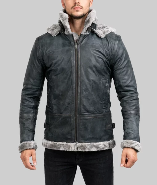 Men's Grey Hooded B-3 Bomber Leather Jacket-Front