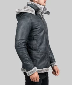 Men's Grey Hooded B-3 Bomber Leather Jacket-Side