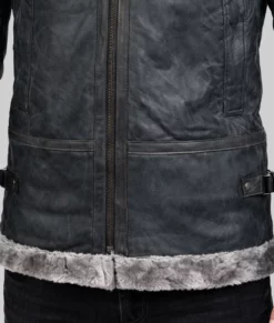 Men's Grey Hooded B-3 Bomber Leather Jacket-Zoom
