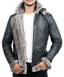 Men's Grey Shearling Jacket With Hood