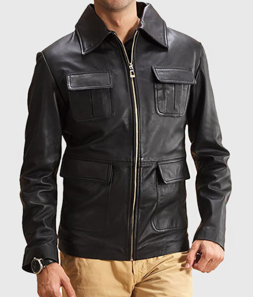 Darren Men's Black M-65 Military Leather Jacket - Black M-65 Military Leather Jacket for Men - Front View