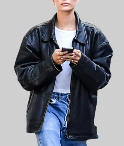 Hailey Bieber Black Oversized Bomber Leather Jacket-Front