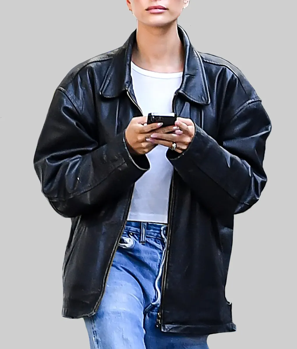 Hailey Bieber Leather Jacket | Hailey Bieber Black Leather Jacket