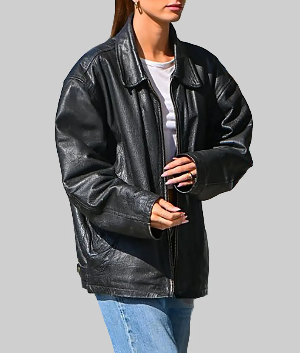 Hailey Bieber Black Oversized Bomber Leather Jacket-Side