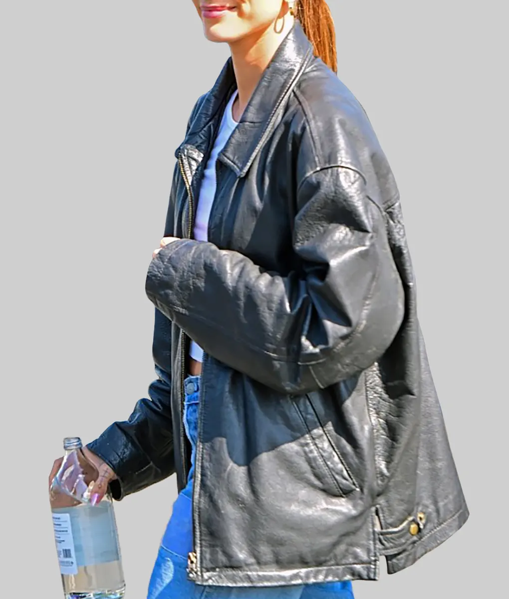 Hailey Bieber Black Oversized Bomber Leather Jacket-Side1