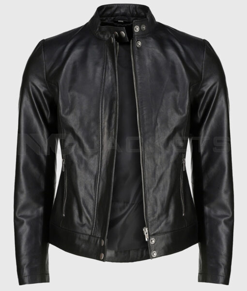 Isabel Women's Black Leather Biker Jacket - Black Leather Biker Jacket for Women - Front View