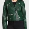 Katherine Women's Dark Green Leather Biker Jacket - Dark Green Leather Biker Jacket for Women - Close Front View