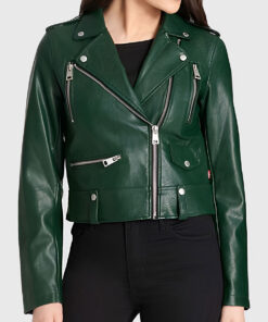 Katherine Women's Dark Green Leather Biker Jacket - Dark Green Leather Biker Jacket for Women - Close Front View