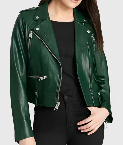 Katherine Women's Dark Green Leather Biker Jacket - Dark Green Leather Biker Jacket for Women - Open Front View