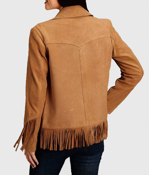 Magnolia Womens Brown Suede Leather Fringe Jacket - Brown Suede Leather Fringe Jacket for Womens - Back View