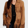 Magnolia Womens Brown Suede Leather Fringe Jacket - Brown Suede Leather Fringe Jacket for Womens -Front View