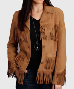 Magnolia Womens Brown Suede Leather Fringe Jacket - Brown Suede Leather Fringe Jacket for Womens -Front View