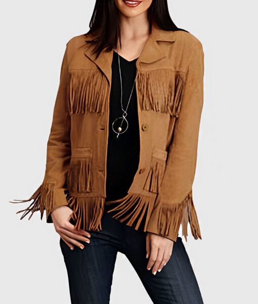 Magnolia Womens Brown Suede Leather Fringe Jacket - Brown Suede Leather Fringe Jacket for Womens -Front View2
