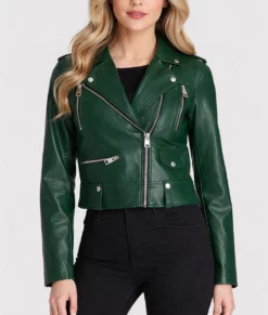 Rihanna Women's Green Biker Leather Jacket-Front