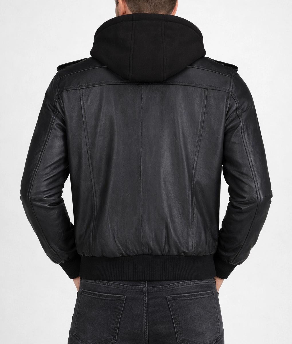 Christian Men's Black Leather Bomber Jacket with Removable Hoodie