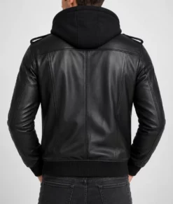 Christian Men’s Black Leather Bomber Jacket with Removable Hoodie-Back
