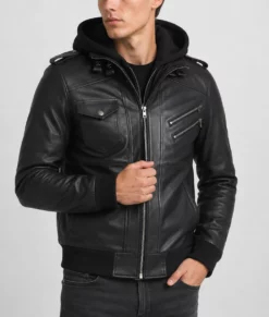 Christian Men’s Black Leather Bomber Jacket with Removable Hoodie-Front 1