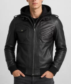 Christian Men’s Black Leather Bomber Jacket with Removable Hoodie-Front