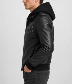 Christian Men’s Black Leather Bomber Jacket with Removable Hoodie-Side
