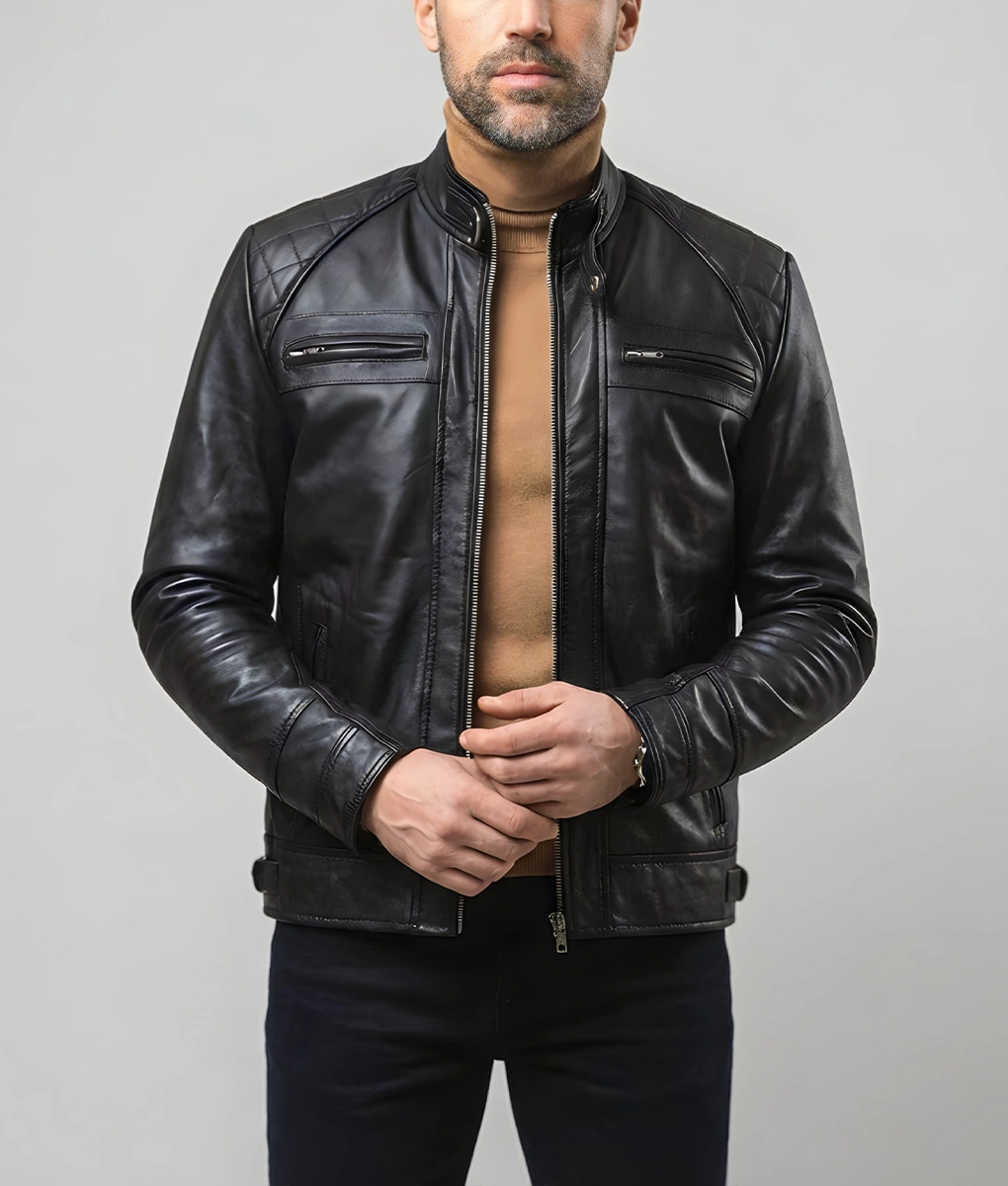 James Men’s Black Quilted Leather Moto Cafe Racer Jacket | Men’s Black Quilted Leather Moto Cafe Racer Jacke-3