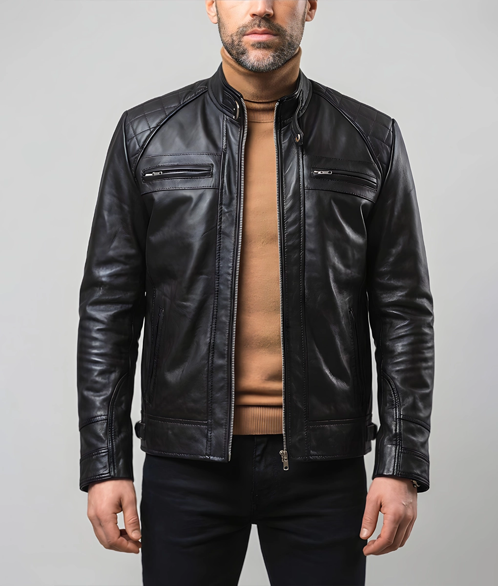 James Men&rsquo;s Black Quilted Leather Moto Cafe Racer Jacket | Men&rsquo;s Black Quilted Leather Moto Cafe Racer Jacke-4