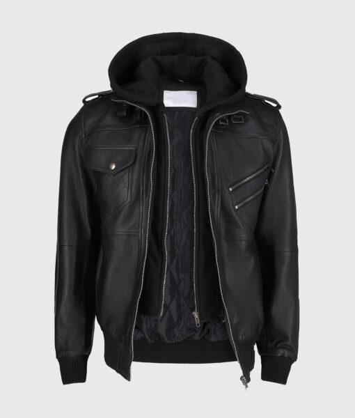 Norman Men's Black Hooded Bomber Leather Jacket - Black Hooded Bomber Leather Jacket for Men - Front Open View