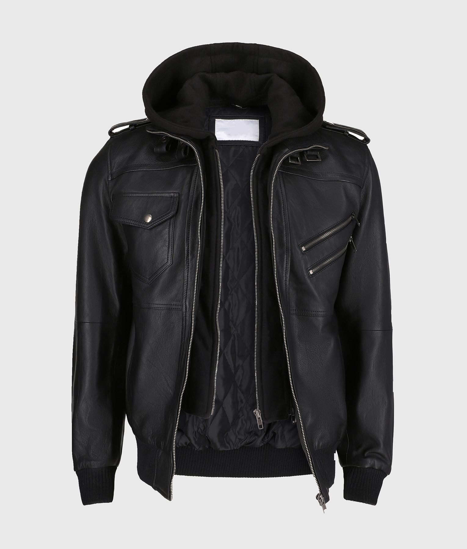 Christian Men's Black Leather Bomber Jacket with Removable Hoodie
