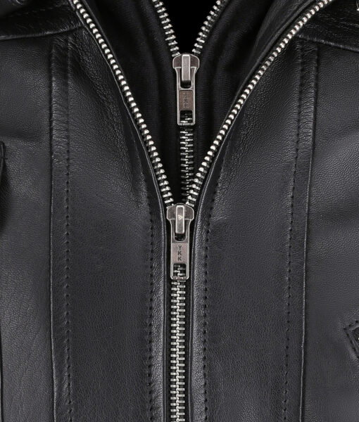Norman Men's Black Hooded Bomber Leather Jacket - Black Hooded Bomber Leather Jacket for Men - Zip View