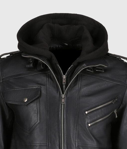 Norman Men's Black Hooded Bomber Leather Jacket - Black Hooded Bomber Leather Jacket for Men - Front Close Up View