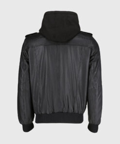 Norman Men's Black Hooded Bomber Leather Jacket - Black Hooded Bomber Leather Jacket for Men - Back View