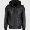 Norman Men's Black Hooded Bomber Leather Jacket - Black Hooded Bomber Leather Jacket for Men - Front Close View