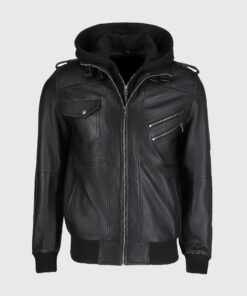 Norman Men's Black Hooded Bomber Leather Jacket - Black Hooded Bomber Leather Jacket for Men - Front Close View