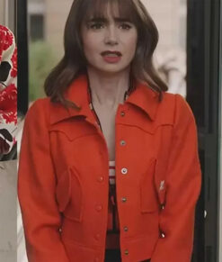 Emily In Paris Orange Jacket - Orange Jacket Emily In Paris | Women's Leather Jacket - Front View