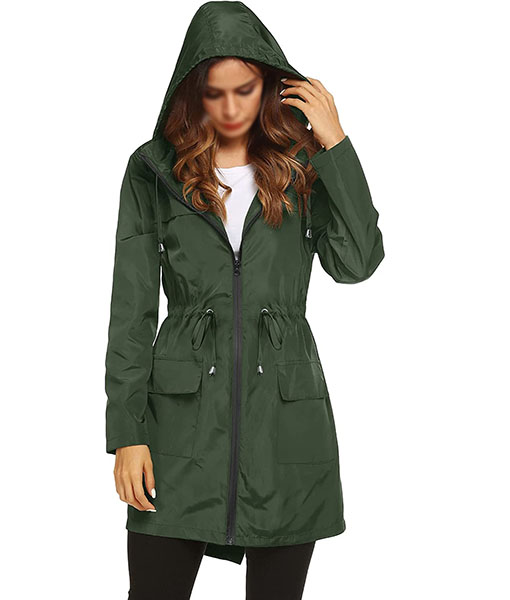 Womens Green Elastic Waist Rain Coat