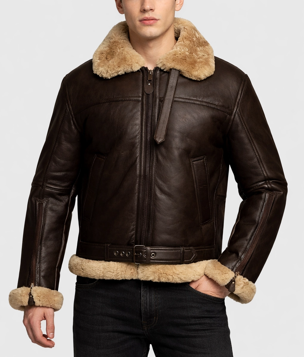 Jones Men's Brown B-3 Bomber Leather Jacket-Front
