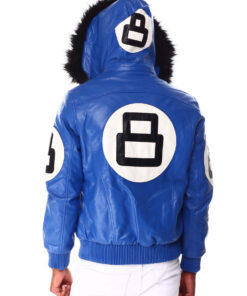 8 Ball Blue Hooded Leather Bomber Jacket